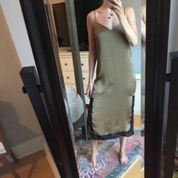 ZARA Olive Green Satin Slip Midi Dress with side slits size Medium - Picture 7 of 17